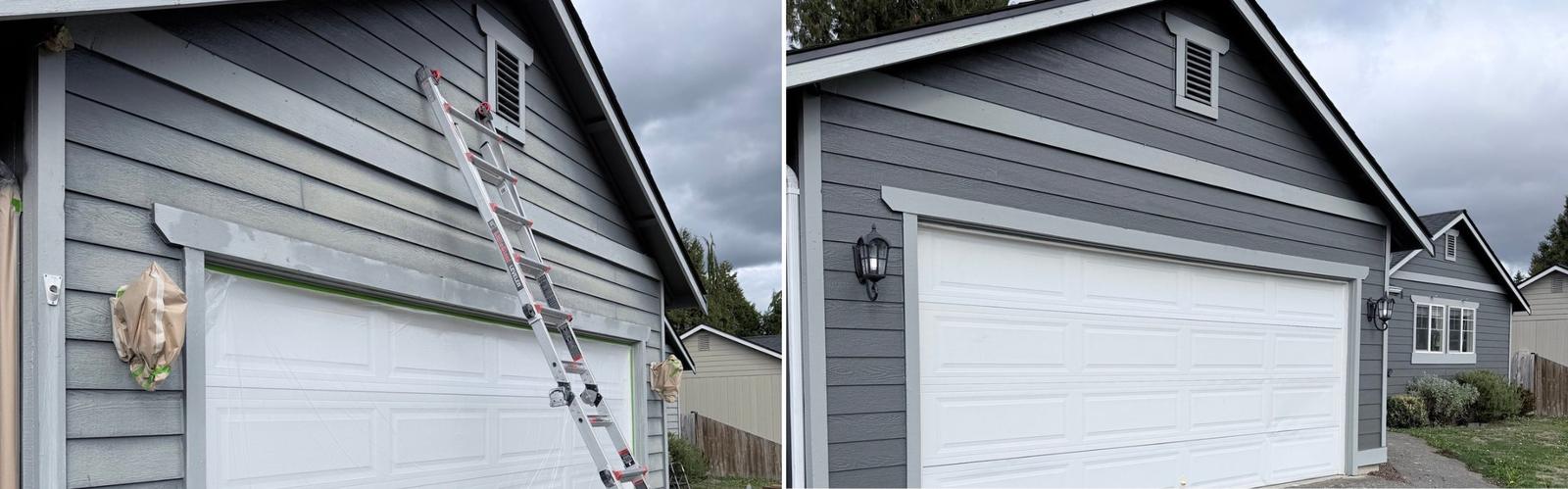 Garage siding and trim repainted in Snohomish County — before and after